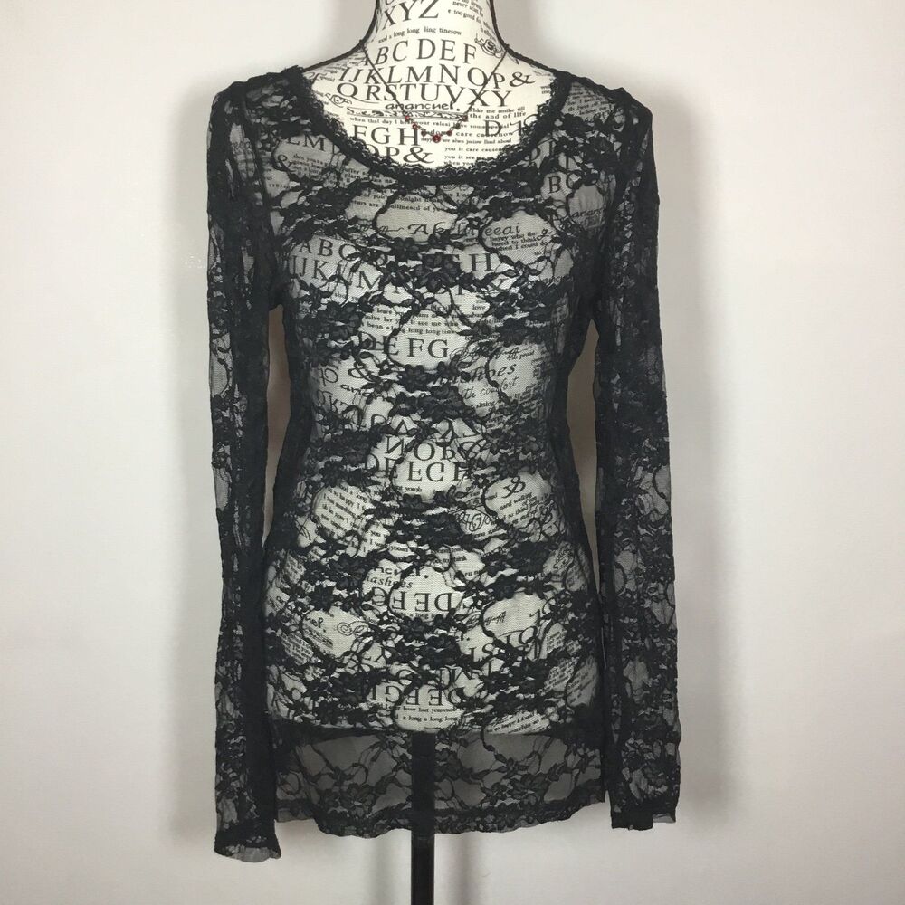 Sheer black lace stretchy top long sleeves round neck floral pattern witchcore L